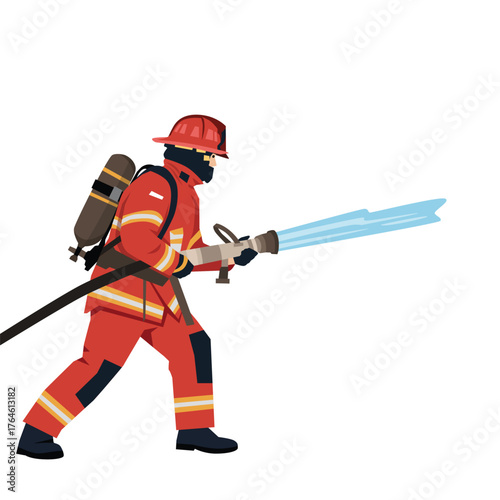 Firefighter Spraying Water with Hose. Flat vector illustration isolated on white background