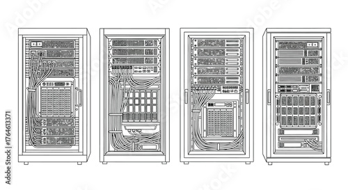 Vintage computer cabinet wire diagram and internal components arranged in four views vector