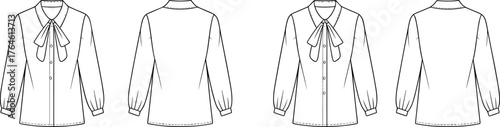 Women’s blouse flat sketch, bow tie collar design, button down shirt vector, long sleeve garment drawing
