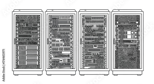 Detailed line art rendering of four industrial server racks in a grid layout vector