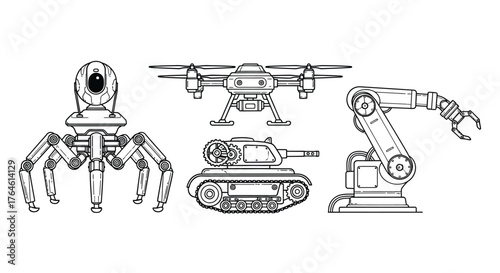 Collection of futuristic robotic arms drone and tank illustrations for technology and automation concepts vector
