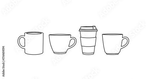 A hand drawn line art collection of four different coffee cups and mugs celebrating morning beverages vector