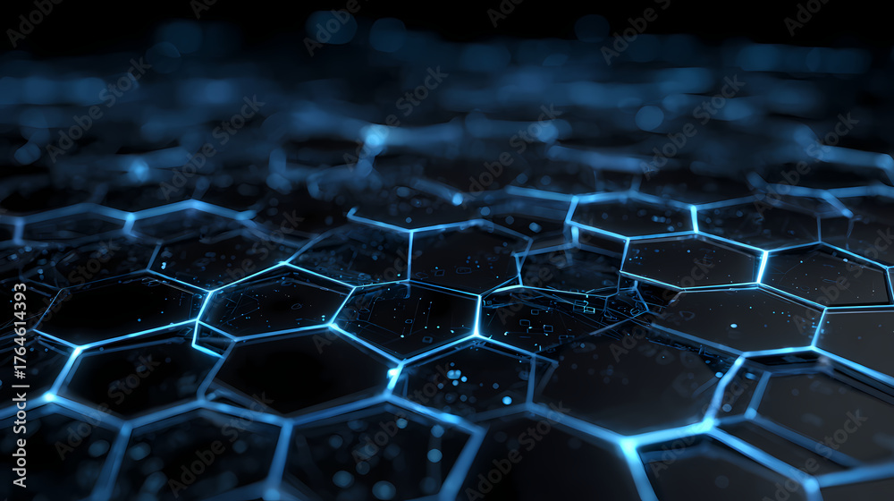 Fototapeta premium Abstract hexagonal background with glowing blue light, reminiscent of a futuristic digital landscape