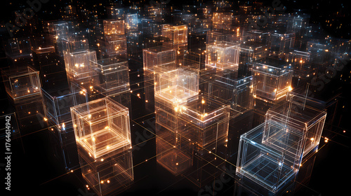 A futuristic cityscape of glowing transparent cubes interconnected by luminous lines, creating a mesmerizing network 