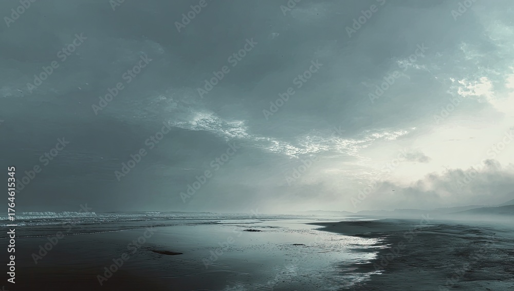 Obraz premium Misty beach scene under a dramatic sky