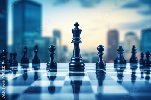 Wallpaper Mural Black king chess piece standing on chessboard with pawns and cityscape background, representing business strategy and leadership Torontodigital.ca