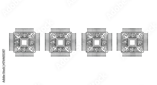 Row of four detailed microchip integrated circuit components in a linear arrangement vector