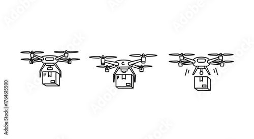 Three drones delivering packages with various suspended cargo boxes captured in motion vector