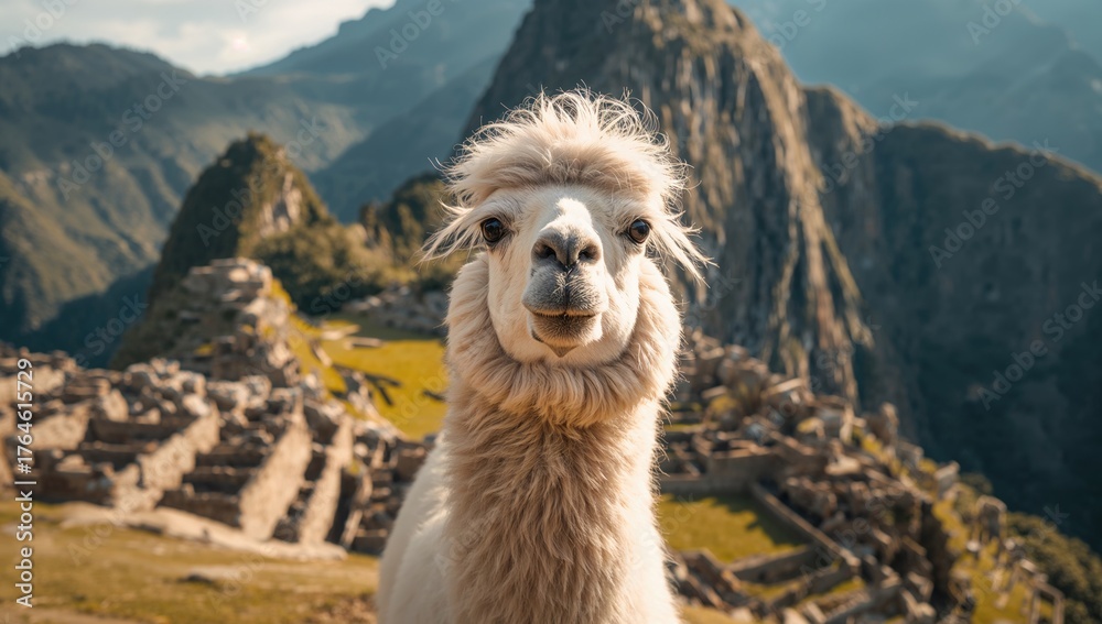 Obraz premium Amusing white llama posing among ancient stone ruins amid lush green hills
