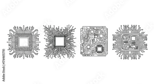 Four detailed hand drawn microchip designs representing technology innovation and circuitry vector