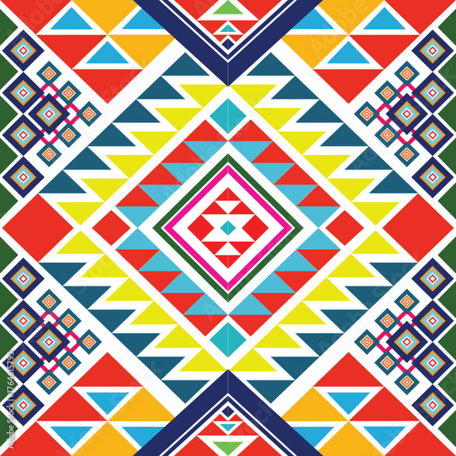 seamless geometric pattern. An intricate mosaic of bold geometric shapes, blending bright tones into a balanced tribal-inspired design.