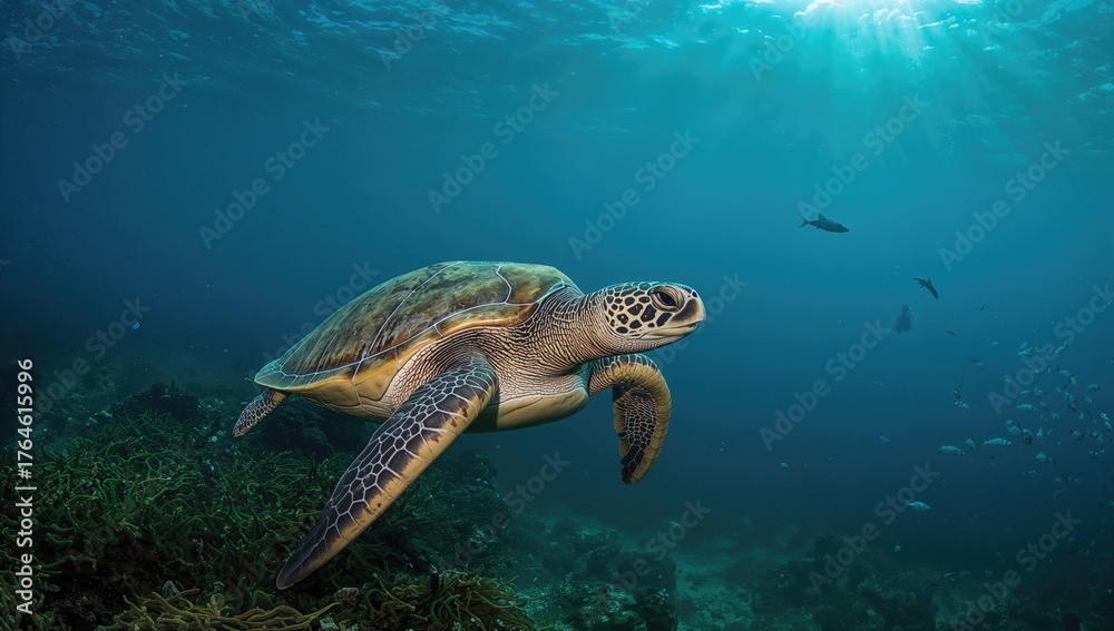 Obraz premium Underwater scene of a turtle swimming
