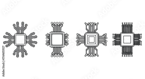Four stylized microchip designs in a row featuring detailed connections technology vector