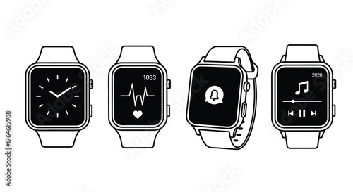 Modern smartwatch designs featuring diverse digital interfaces and user applications collection vector