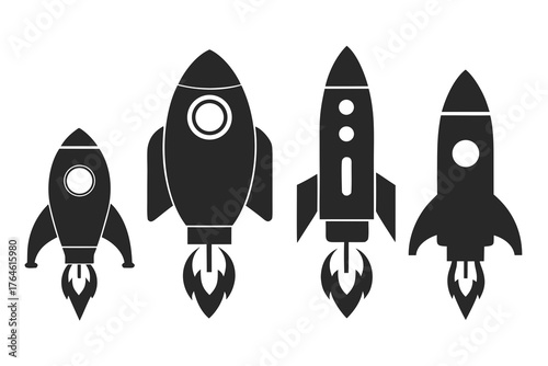 Space rocket silhoutte Black rocket ship icon with exhaust symbolizing launch space travel business startup and rapid progress space theme  
