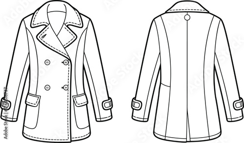 Double breasted coat vector, fashion flat sketch, men’s outerwear illustration, apparel design template, clothing mockup, garment technical drawing, long coat design, vector clipart