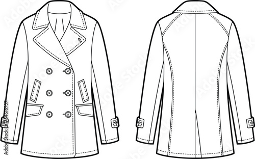 Double breasted coat vector, fashion flat sketch, men’s outerwear illustration, tailored coat design, apparel template, clothing mockup, garment technical drawing, vector clipart