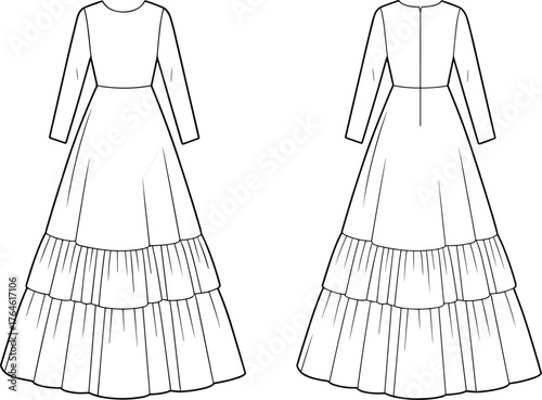 Long dress vector, tiered gown sketch, fashion flat illustration, women’s apparel template, clothing mockup, garment technical drawing, evening dress design, vector clipart
