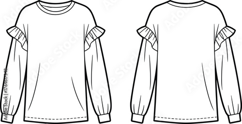 Ruffle sleeve blouse vector, fashion flat sketch, women’s top illustration, puff sleeve design, apparel template, clothing mockup, garment technical drawing, vector clipart