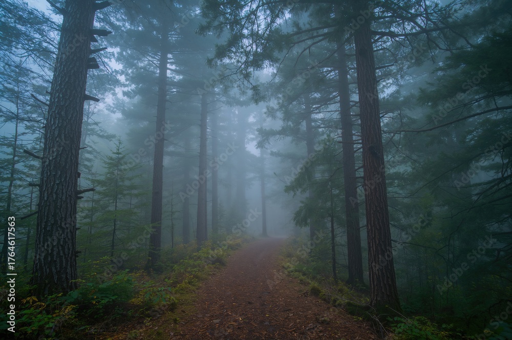 Obraz premium A mist-covered woodland path vanishes into the dense fog, surrounded by towering trees with outstretched branches.