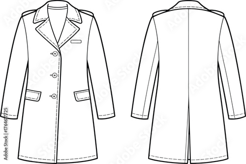 Tailored coat vector, fashion flat sketch, technical drawing, trench coat illustration, apparel design template, clothing mockup, outerwear line art, vector clipart