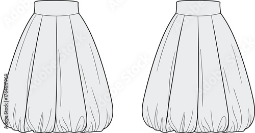 Balloon skirt fashion design, bubble skirt flat sketch, garment construction illustration, pleated skirt vector, sewing pattern, cad drawing flat vector illustration