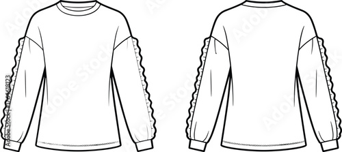 Vector top illustration, technical fashion sketch, long sleeve ruched design, crew neck apparel template, sewing pattern, garment mockup, clothing flat drawing, line art