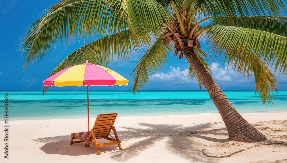 Obraz premium Vacation scene featuring a beach umbrella and tropical palm trees in the background