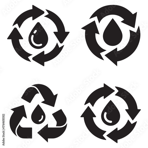 Water recycling and sustainability symbols graphic set silhouette