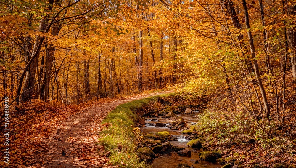 Obraz premium Beautiful Fall Trail Lined with Yellow Leaves