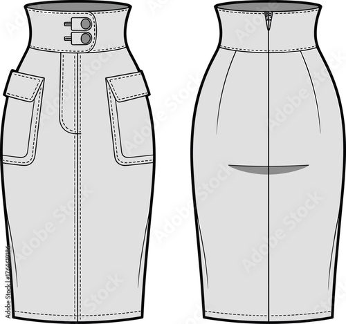 High waisted pencil skirt, fashion design, cad drawing, flat vector illustration, technical sketch, garment construction