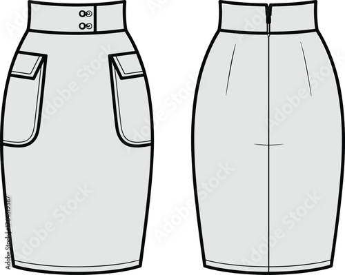 Pencil skirt, fashion design, technical flat sketch, CAD drawing, vector illustration, garment construction, apparel template, sewing pattern, clothing design, style guide
