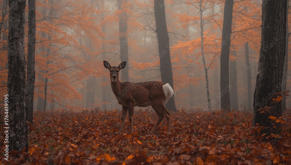 Fototapeta premium Fog-covered woodland with a deer in autumn