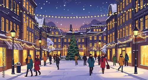 Festive Christmas Market Scene with Lights and Snowy Street