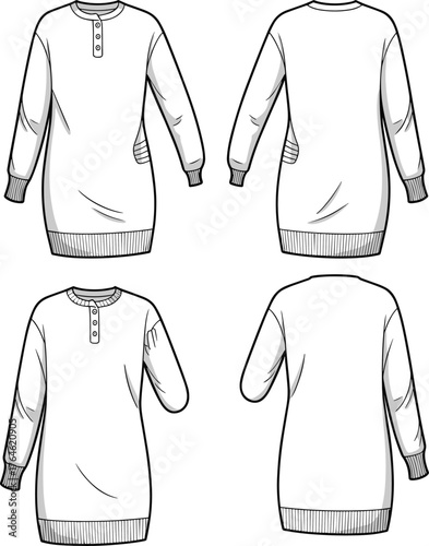 Women henley sweatshirt tunic flat sketch, casual long sleeve top, cozy winter fashion design, vector clothing template, apparel illustration
