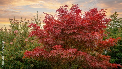Vibrant crimson hues of an acer rubrum during early summer
