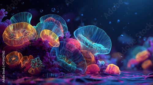 Group of glowing, bioluminescent aquatic organisms rests upon a dark, vibrant seabed