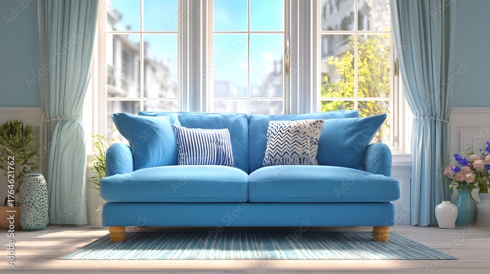 Fototapeta premium Brightly illuminated living room features a vibrant blue sofa positioned before large sunlit windows