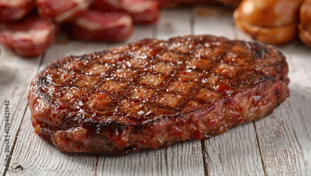 Obraz premium T-bone steak marinated and placed on a light wooden surface. Close-up of raw meat texture.