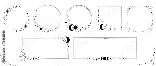 Celestial frames set and borders with stars, crescent moons, and sparkles in minimalist style, for invitations, branding, astrology themes, social media, packaging, spiritual projects.Vector
