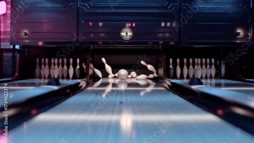 A cinematic camera follows a bowling ball as it rolls down the polished lane toward the pins, capturing motion, speed, tension, and anticipation in a dynamic, action-packed sports perspective