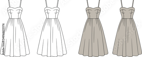 Elegant spaghetti strap midi dress flat sketch, women fashion vector template, stylish garment technical drawing, modern clothing CAD illustration design