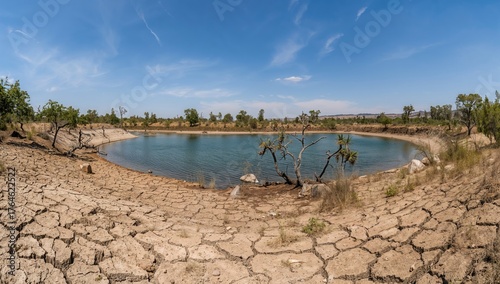 Fototapeta Naklejka Na Ścianę i Meble -  Severe summer drought threatens the survival of the lake