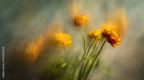 Impressionistic Blurry Photograph of Yellow and Orange Flowers Capturing the Essence of Nature's Beauty