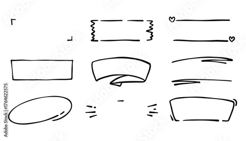 Text box hand drawn frame and title banner set. Doodle line banners, ribbons, and memo shapes. Cute marker stroke elements for titles, notes, or headlines. Vector illustration.
