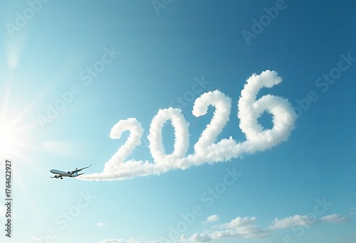 airplane trails white clouds forming 2026 across bright blue sky, evoking serene and optimistic atmosphere, joyful future, hopeful journey, bright optimism, New Year
