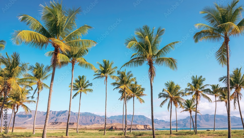Fototapeta premium Creative banner featuring vibrant tropical hues and palm silhouettes in an exotic setting