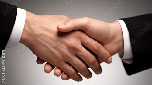 Two people shake hands, close up. One is in a suit with a white shirt. The background is gray