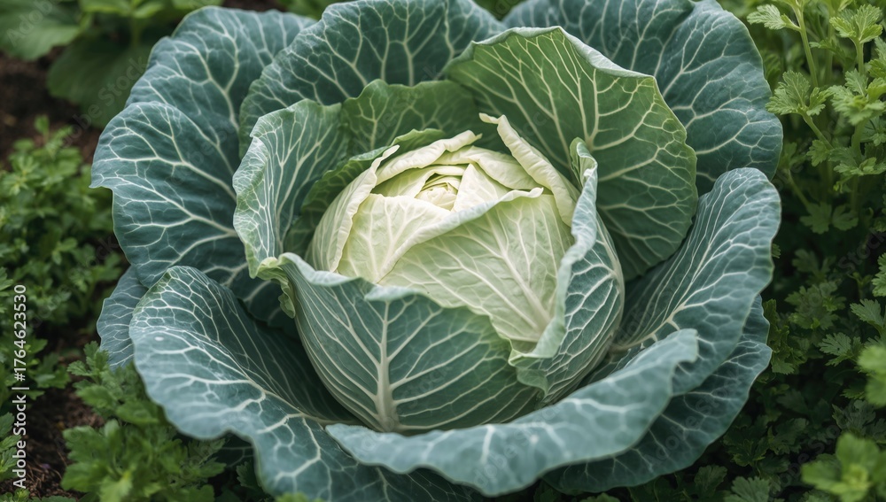 Fototapeta premium Close-up of fresh cabbage grown organically in a garden