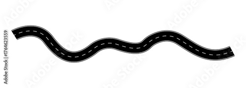 Curvy black road with white dashed center lines on a white background. Perfect for transport, travel, traffic, navigation, and highway-themed design projects or infographics.